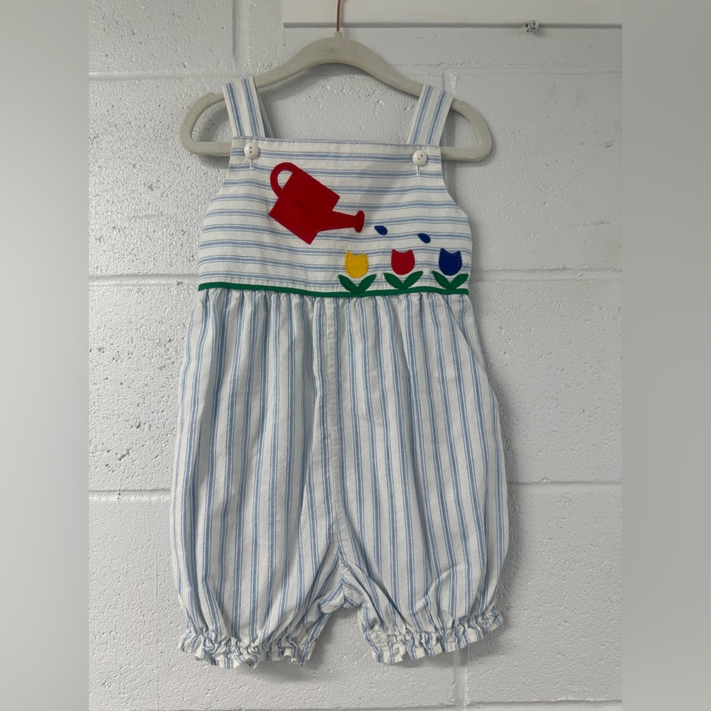 Vintage Florence Eiseman toddler appliqué romper sunsuit blue stripe flowers